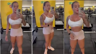 Down Wife all sexy at the gym with shorts jammed in the pussy