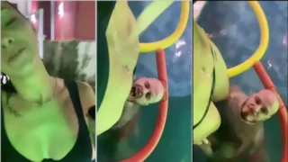 Angel Blue filming the bald in the pool